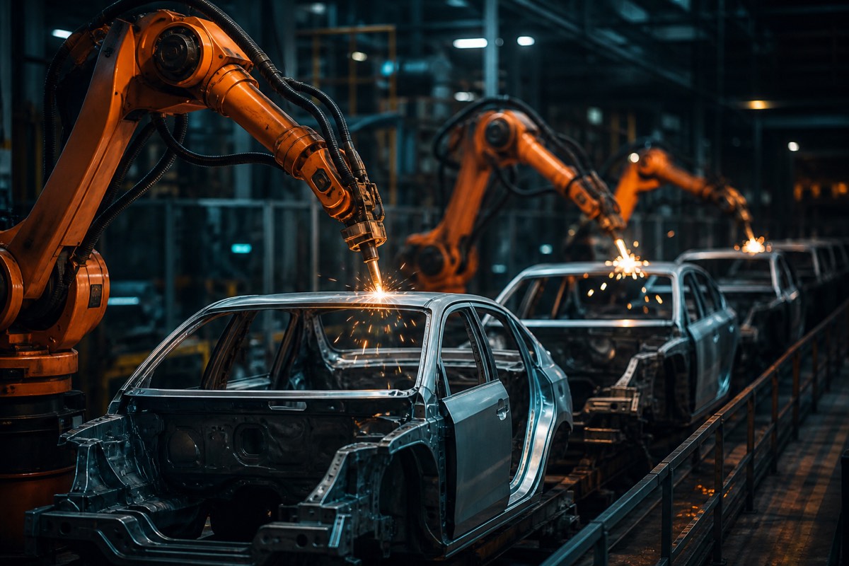 Otomotiv montaj hattında robot kaynak kolları